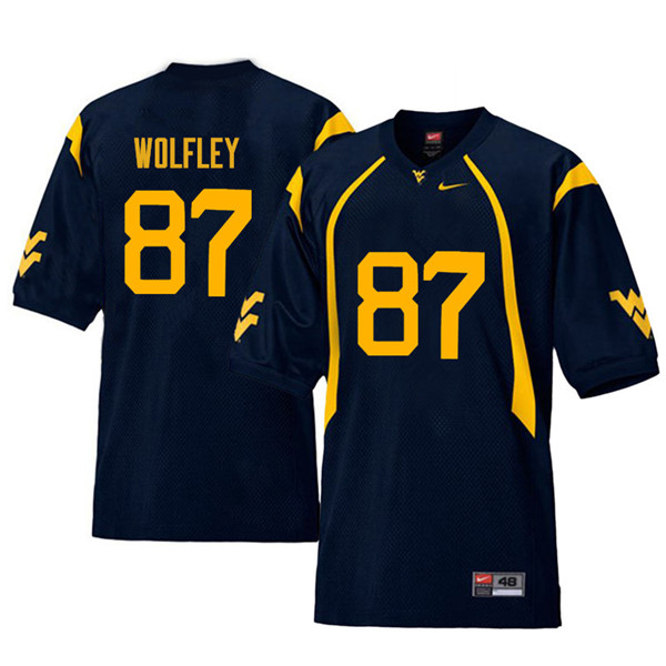 Men #87 Stone Wolfley West Virginia Mountaineers Retro College Football Jerseys Sale-Navy - Click Image to Close